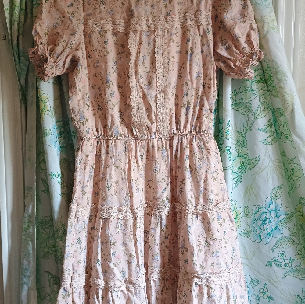 Floral Pink Dress with lace Details And Ruffled Sleeves